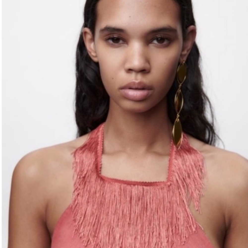 Zara Coral Pink Linen Maxi Dress, with Fringe - Picture 7 of 7